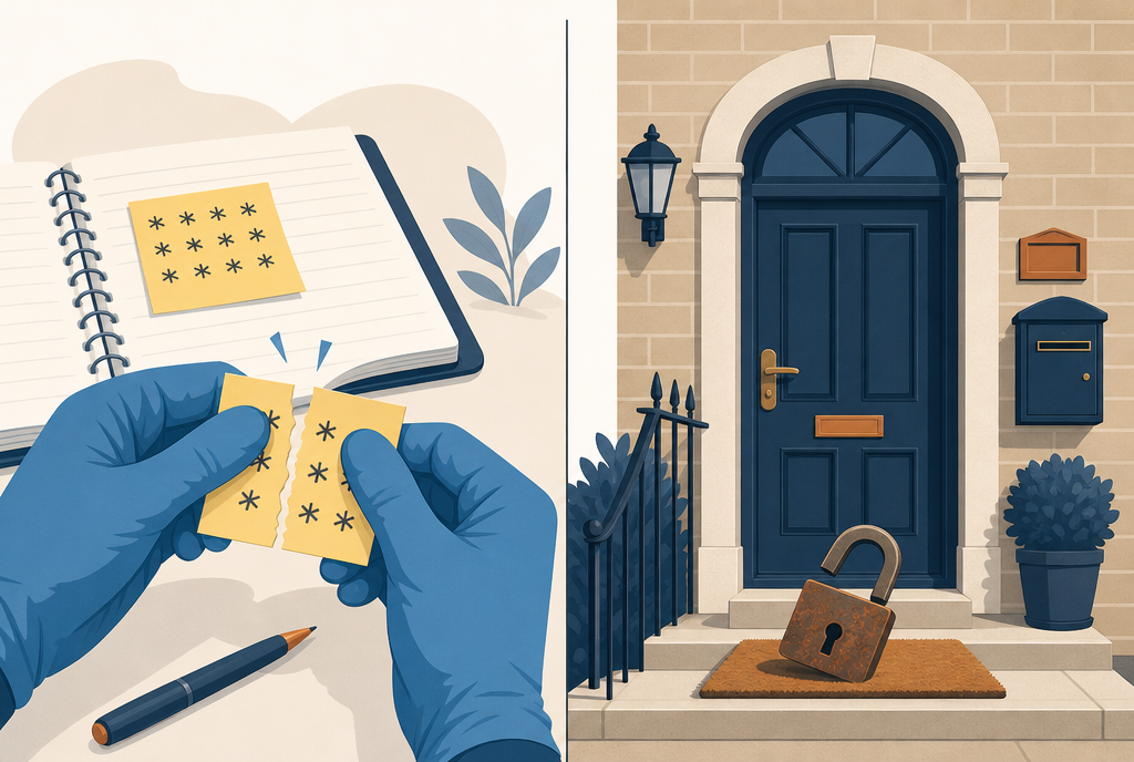 À gauche des mains gantées qui déchirent un mot de passe écrit sur un papier, à droite une porte d'entrée avec sa boîte aux lettres et un cadenas ouvert sur le paillasson