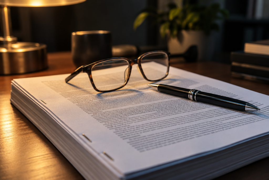 Un épais contrat imprimé sur un bureau, avec des lunettes de lecture et un stylo
