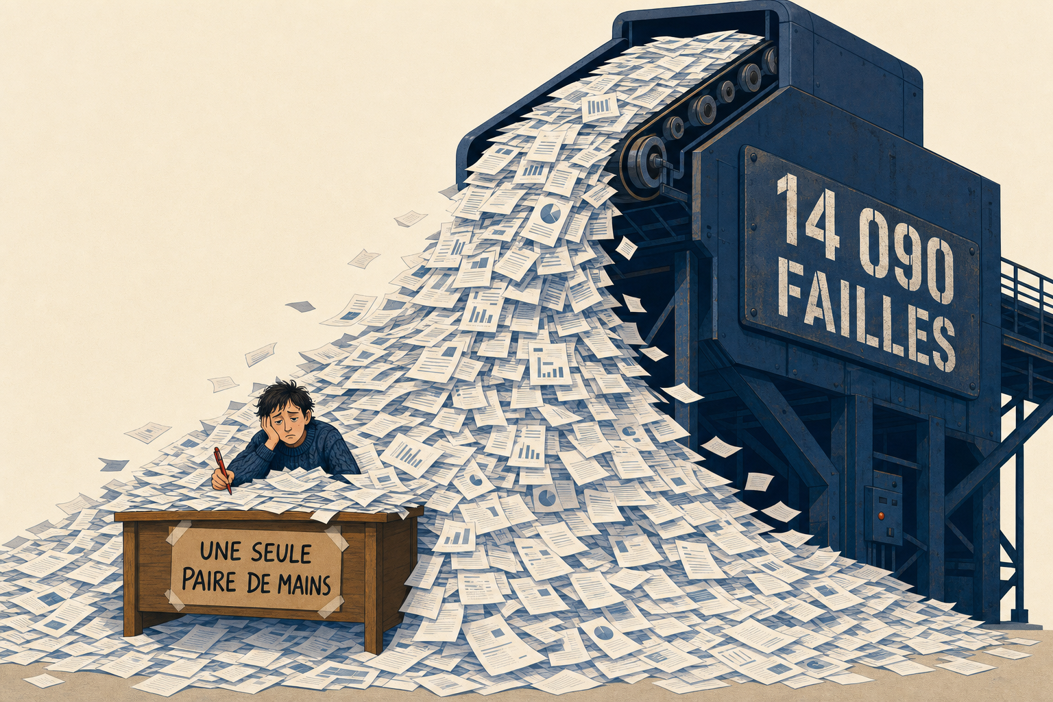Un tapis roulant industriel deverse des milliers de rapports sur un petit bureau ou une personne est ensevelie