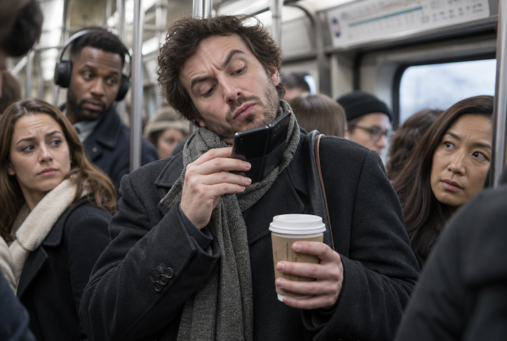 In a packed subway, a man in a coat holds a coffee cup in one hand and awkwardly tries to open his foldable phone with the other, using his chin to help, while perplexed passengers look on