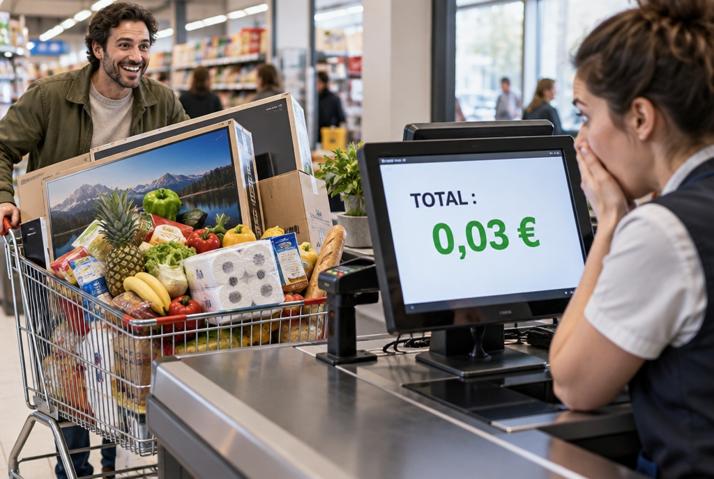 À la caisse d'un supermarché, un client ravi pousse un caddie qui déborde de courses, de téléviseurs et de cartons, pendant que la caissière regarde, incrédule, l'écran de la caisse qui affiche un total de 0,03 euro