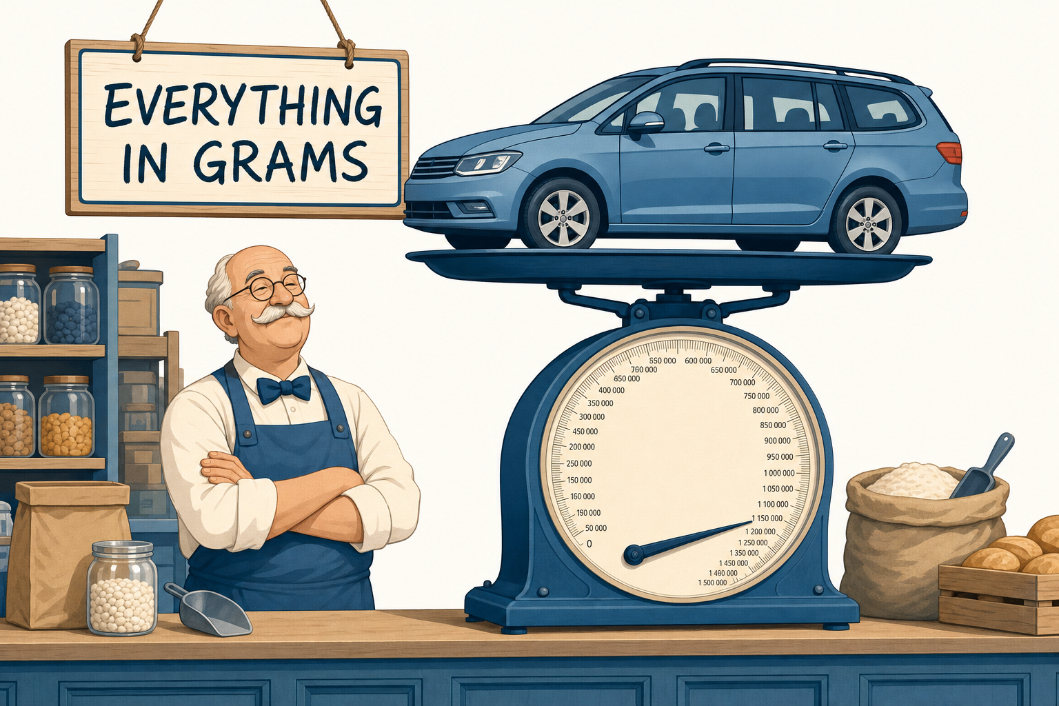Illustration of a grocer weighing an entire car on a counter scale under a sign all in grams
