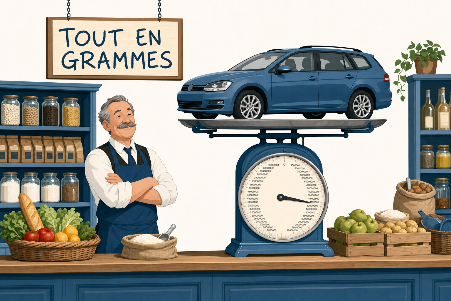 Illustration d un epicier qui pese une voiture entiere sur une balance de comptoir sous un panneau tout en grammes