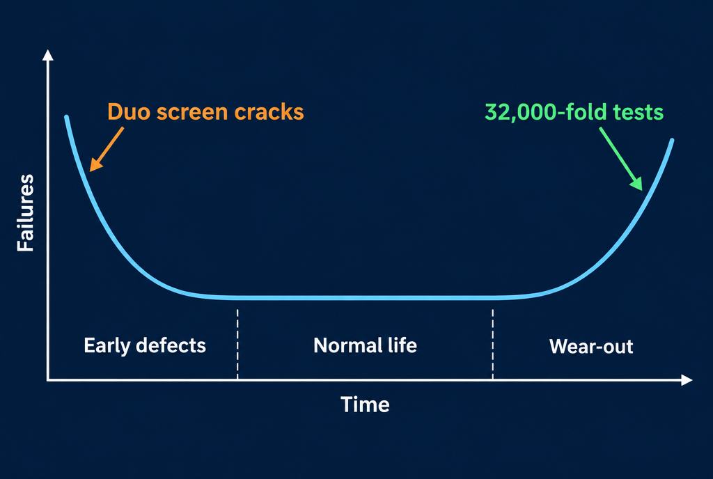 Diagram of the bathtub curve: the number of failures is high right at the beginning of a device's life, an area called infant mortality, then low and flat during normal life, then rises again at the end with wear. One arrow indicates that the Duo's cracks occur at the beginning, and another that the 32,000-folding tests measure the end