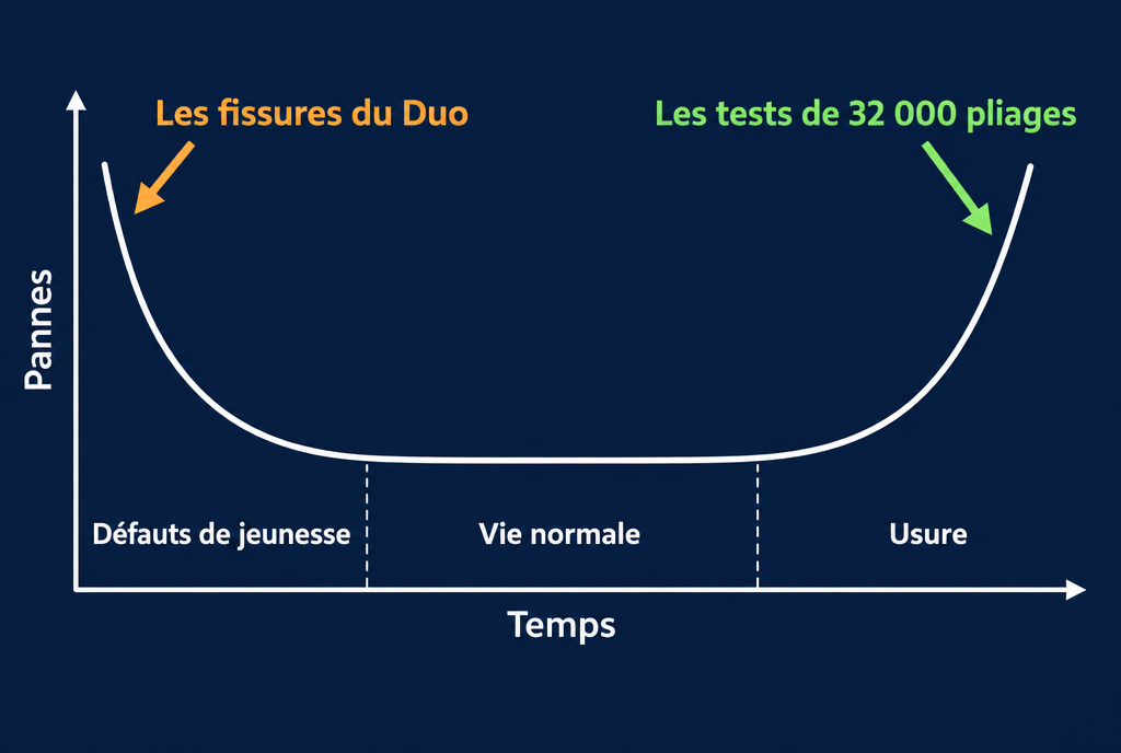 Schéma de la courbe en baignoire : le nombre de pannes est élevé au tout début de la vie d'un appareil, zone appelée défauts de jeunesse, puis bas et plat pendant la vie normale, puis remonte à la fin avec l'usure. Une flèche indique que les fissures du Duo se situent au début, et une autre que les tests de 32 000 pliages mesurent la fin