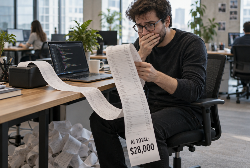 In an office, a developer looks incredulously at an endless receipt coming out of a small printer next to his laptop, crossing the desk and piling up on the floor, with the total at the bottom: 28,000 dollars of AI