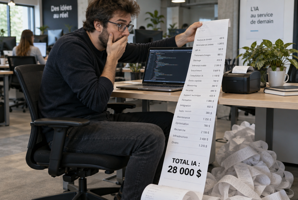 Dans un bureau, un développeur regarde, incrédule, un ticket de caisse interminable qui sort d'une petite imprimante à côté de son portable, traverse le bureau et s'entasse par terre, avec en bas le total : 28 000 dollars d'IA