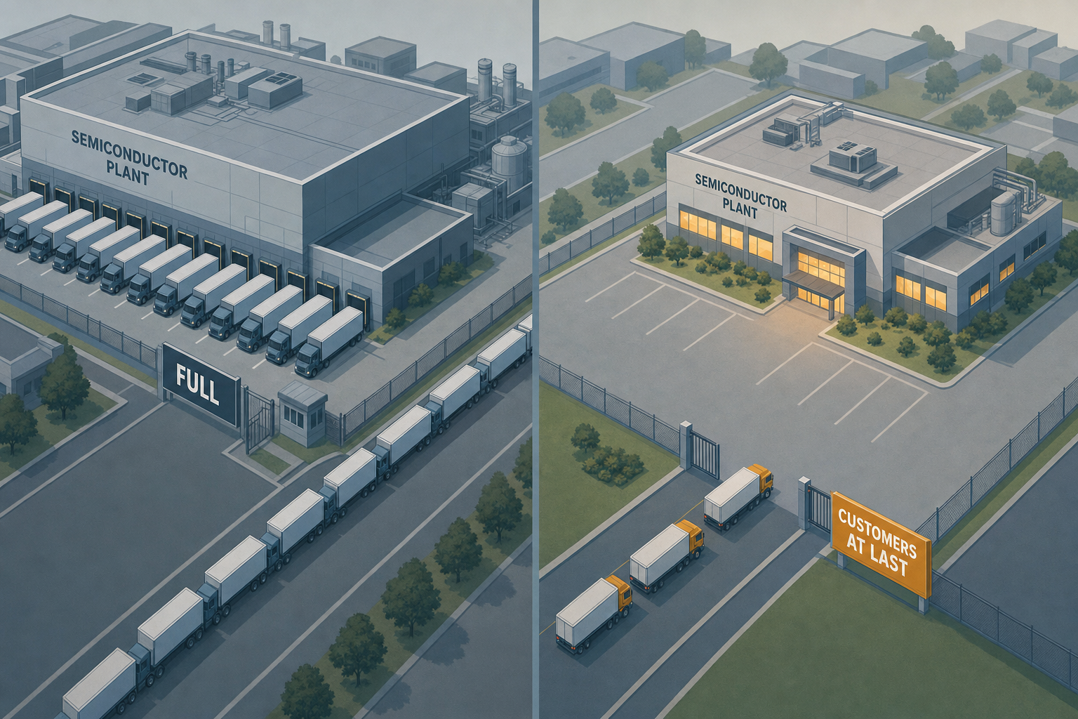 Two semiconductor factories seen from above, one saturated and full, the other beginning to receive trucks again