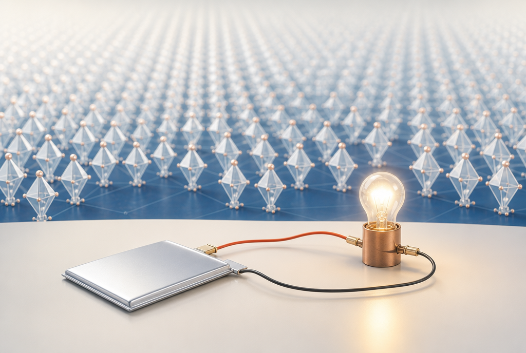 A flat battery cell connected to a lit bulb, in front of an immense wall of aligned crystal structures stretching as far as the eye can see