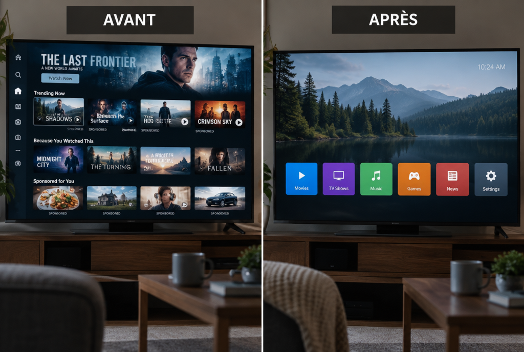 Two halves of the same TV home screen: on the left, “Before”, a screen cluttered with banners, trailers and tiles marked “Sponsored”; on the right, “After”, a dark and calm screen with just six large app tiles on a landscape background