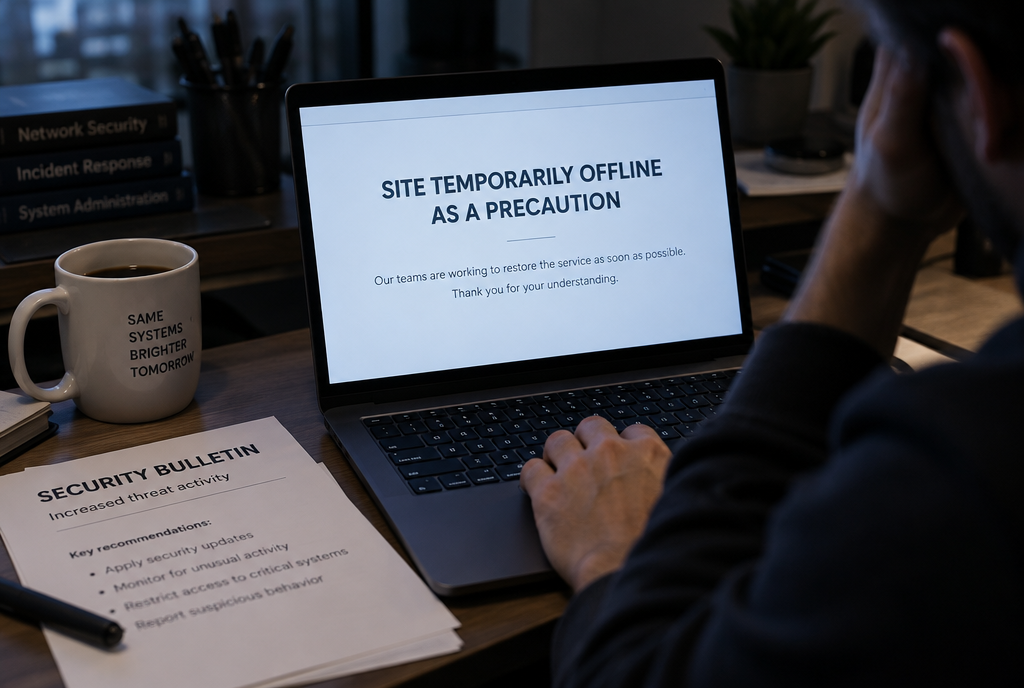 Office at night, a laptop displays an official page with the message “Site temporarily offline as a precaution”, next to a half-empty cup of coffee and a printed security bulletin