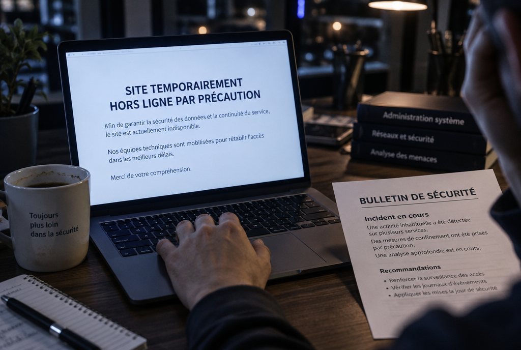 Bureau la nuit, un ordinateur portable affiche une page officielle avec le message « Site temporairement hors ligne par précaution », à côté d'une tasse de café à moitié vide et d'un bulletin de sécurité imprimé