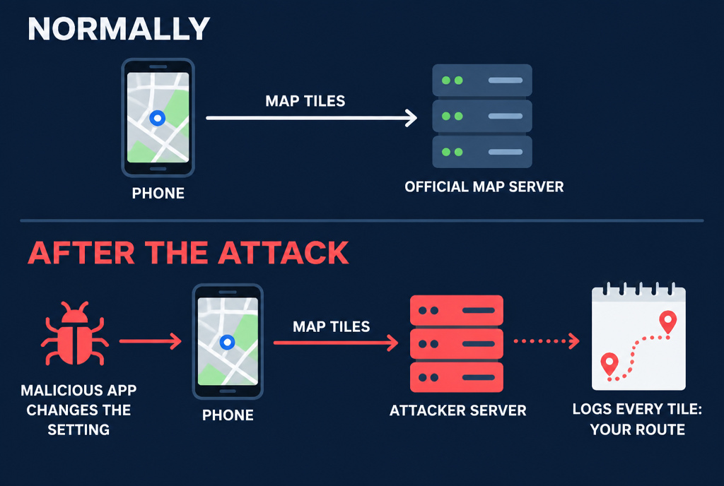 Diagram in two lines. Normally: your phone requests the map tiles from the official map server. After the attack: a malicious app changes the setting, your phone requests the tiles from the hacker's server, which records every tile requested and reconstructs your journey