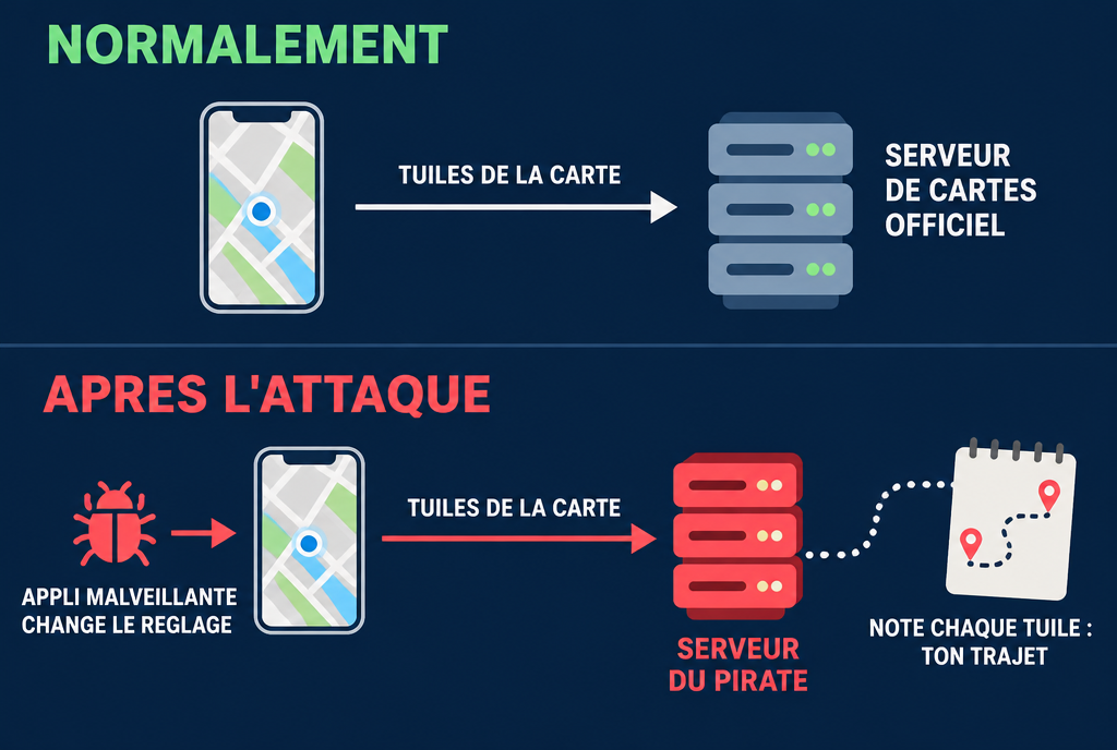 Schéma en deux lignes. Normalement : ton téléphone demande les tuiles de la carte au serveur de cartes officiel. Après l'attaque : une appli malveillante change le réglage, ton téléphone demande les tuiles au serveur du pirate, qui note chaque tuile demandée et reconstitue ton trajet