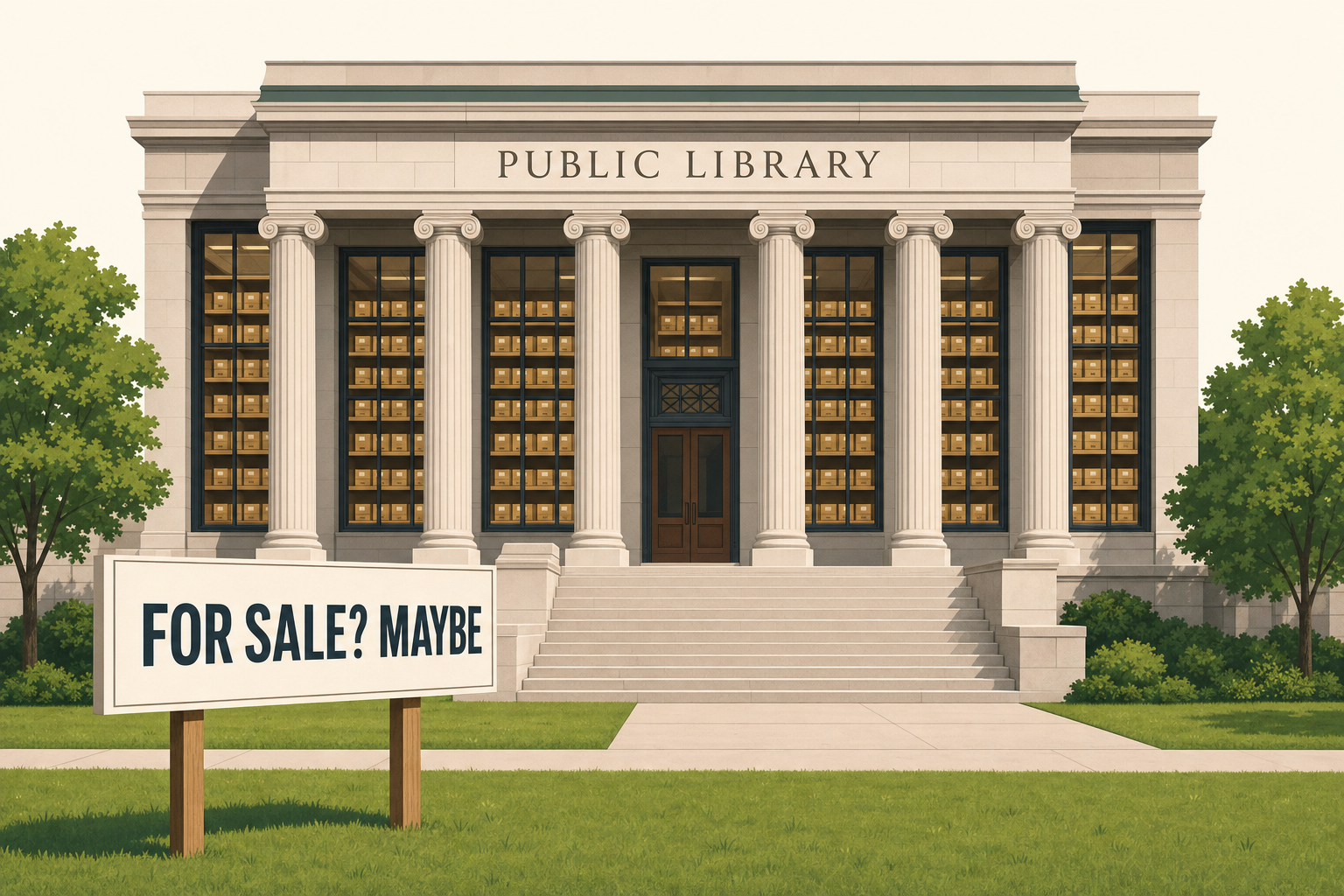 A public library with a For Sale sign planted in front