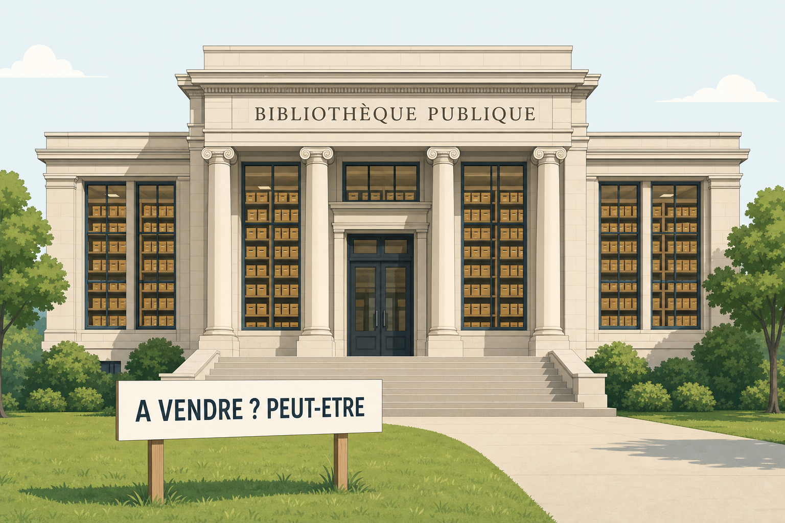 Une bibliotheque publique avec un panneau A vendre plante devant