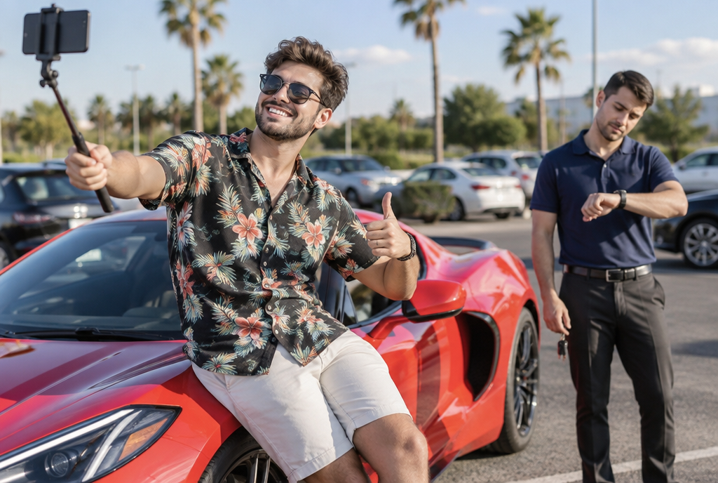 Un jeune influenceur en lunettes de soleil se filme avec son téléphone sur une perche, adossé à une voiture de sport rouge, pouce levé et sourire éclatant ; derrière lui, l'employé de l'agence de location regarde sa montre