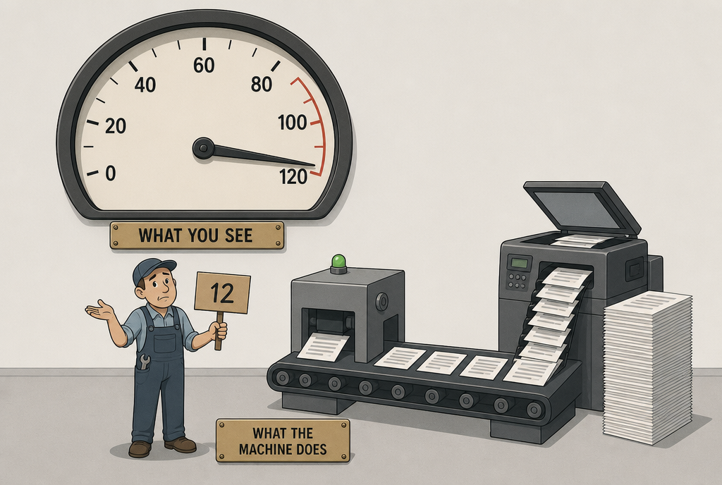 A large counter displays a high number while a mechanic shows a small card with a much lower number, next to a machine photocopying its own sheets