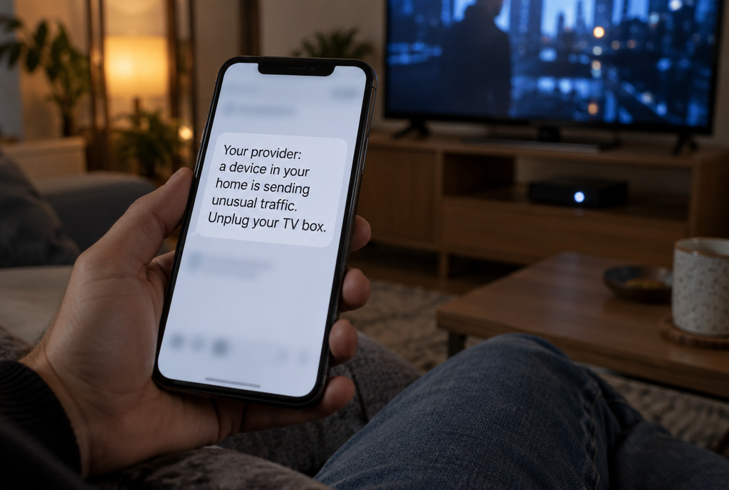 In a living room in the evening, a hand holds a smartphone displaying a message from the internet provider: