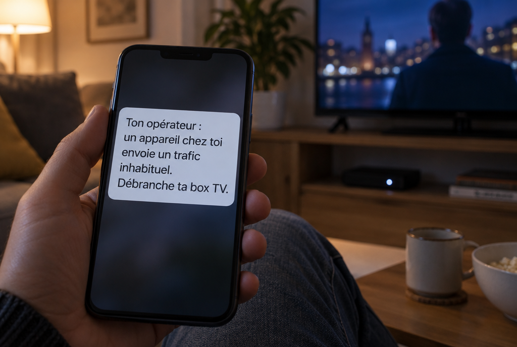 Dans un salon le soir, une main tient un smartphone qui affiche un message de l'opérateur internet : « Ton opérateur : un appareil chez toi envoie un trafic inhabituel. Débranche ta box TV. », avec en arrière-plan une petite box TV qui clignote sous la télévision