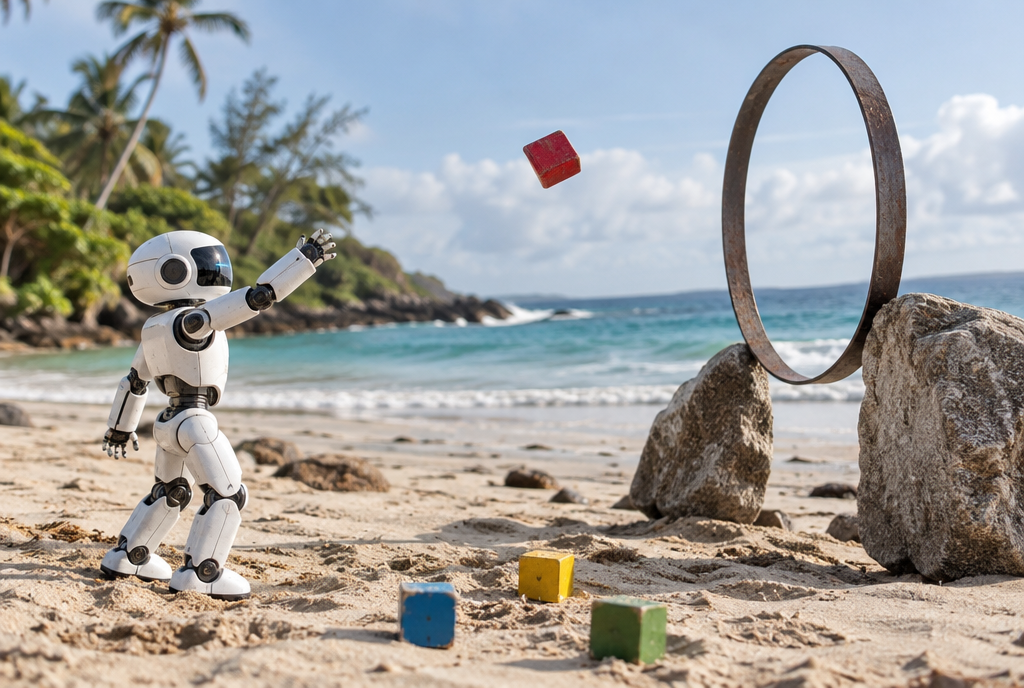 On a tropical beach, a small white humanoid robot throws a red cube toward a large metal ring propped upright between two rocks, like an improvised basketball hoop, with other colored cubes in the sand