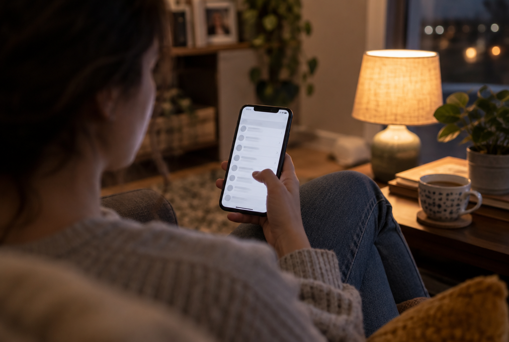 A person sitting on a sofa in the evening, a phone in hand, browsing through the settings