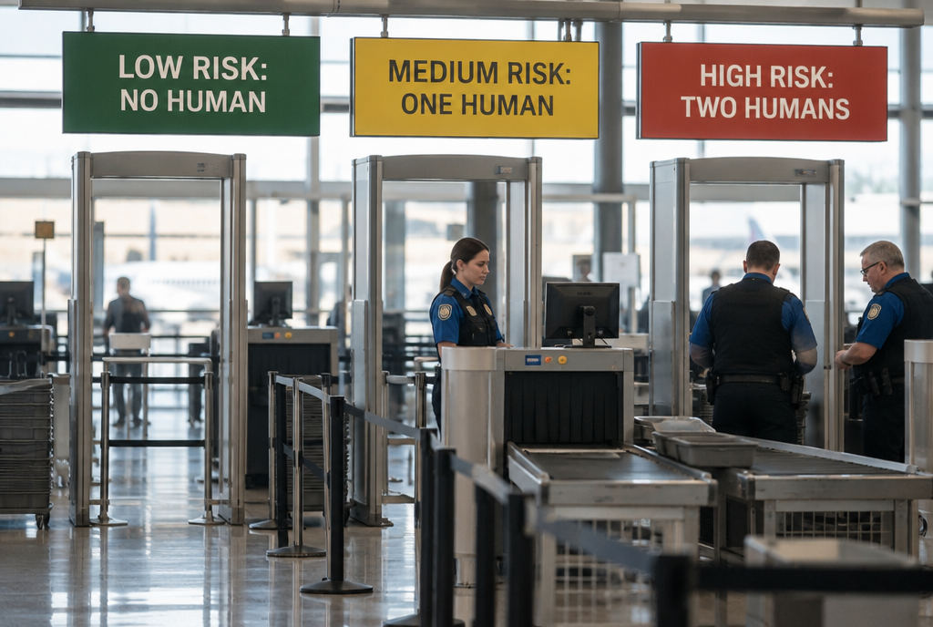 Three airport security gates side by side, each under a large suspended sign: “Low risk: no human” in front of a gate with no agent, “Medium risk: one human” in front of a gate with a female agent, “High risk: two humans” in front of a gate with two agents