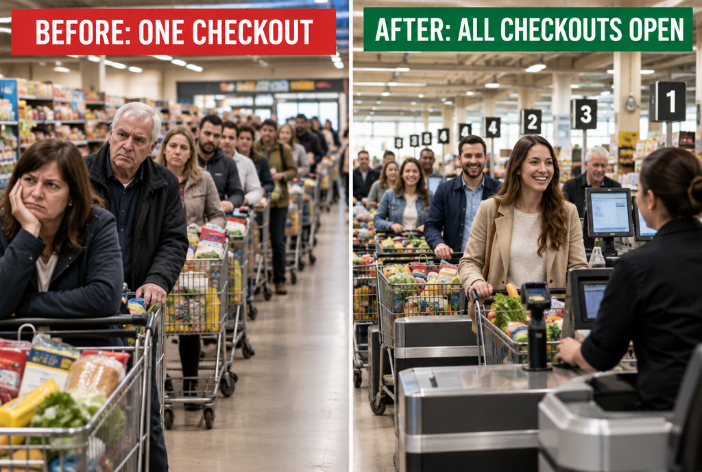 Before and after, side by side in the same supermarket: on the left, a single checkout open with an endless line of customers and the label « Before: a single checkout » ; on the right, all the checkouts open, short lines moving forward, with the label « After: all checkouts open »
