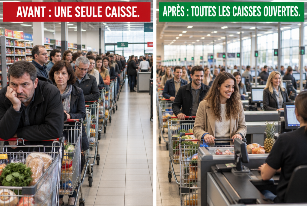 Avant et après, côte à côte dans le même supermarché : à gauche, une seule caisse ouverte avec une file de clients interminable et l'étiquette « Avant : une seule caisse » ; à droite, toutes les caisses ouvertes, des files courtes qui avancent, avec l'étiquette « Après : toutes les caisses ouvertes »