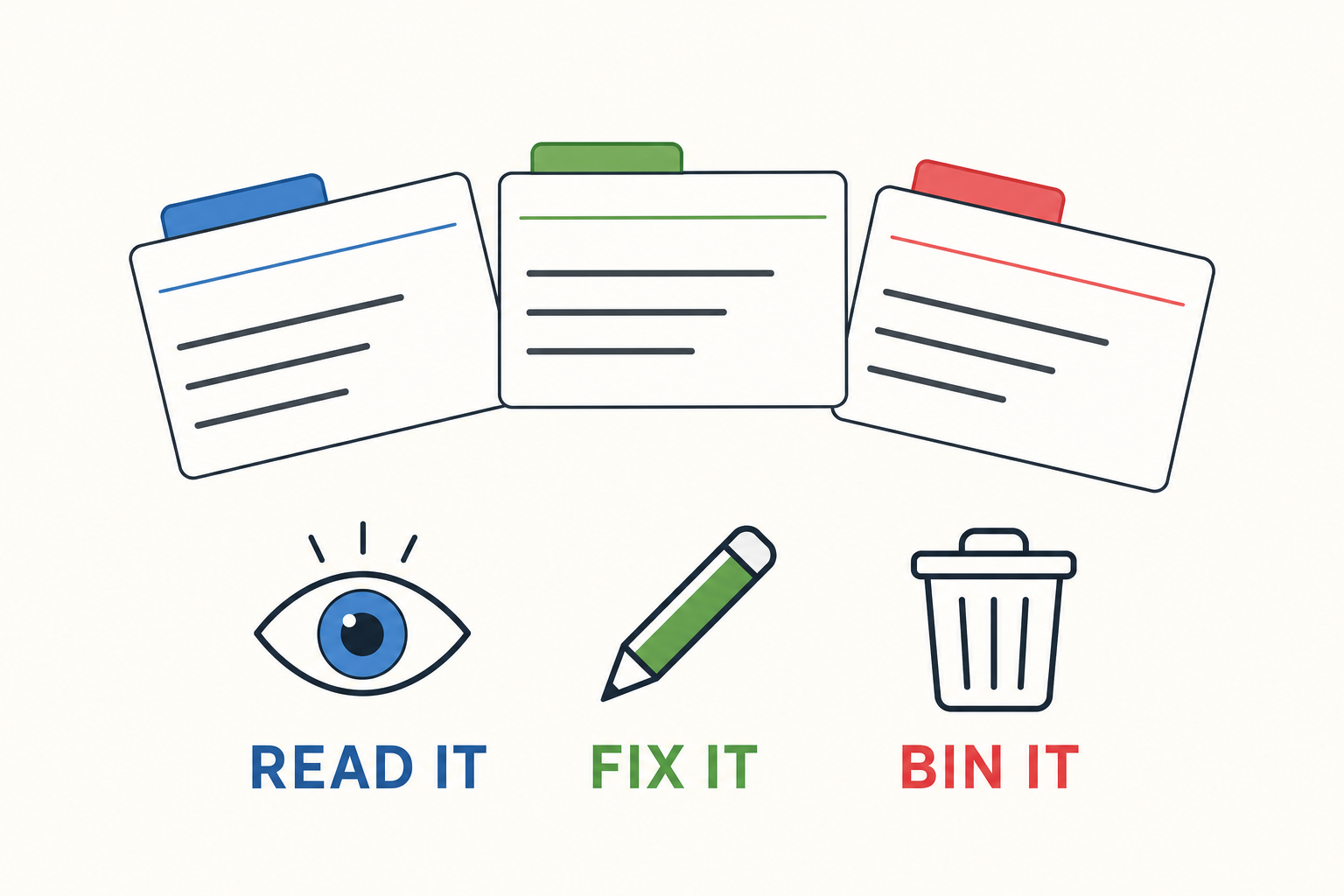Three tabbed cards and three actions: read, correct, throw away