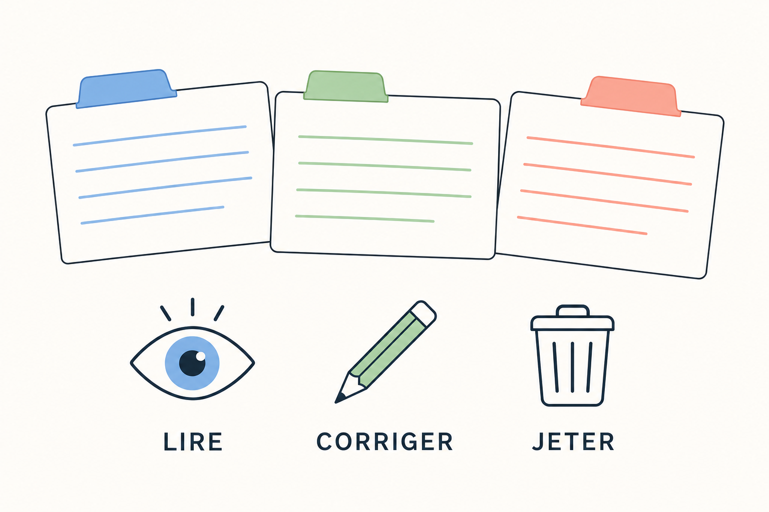 Trois fiches a onglets et trois gestes : lire, corriger, jeter