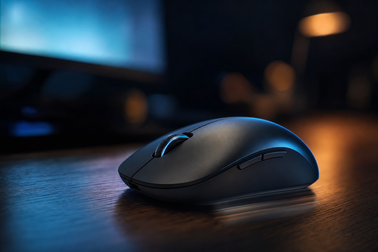 Souris d'ordinateur posee sur un bureau sombre, eclairee par la lueur bleue d'un ecran en arriere-plan