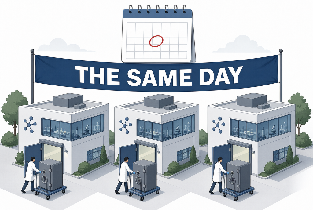 Three identical labs release an identical safe on the same day, beneath a banner reading The same day