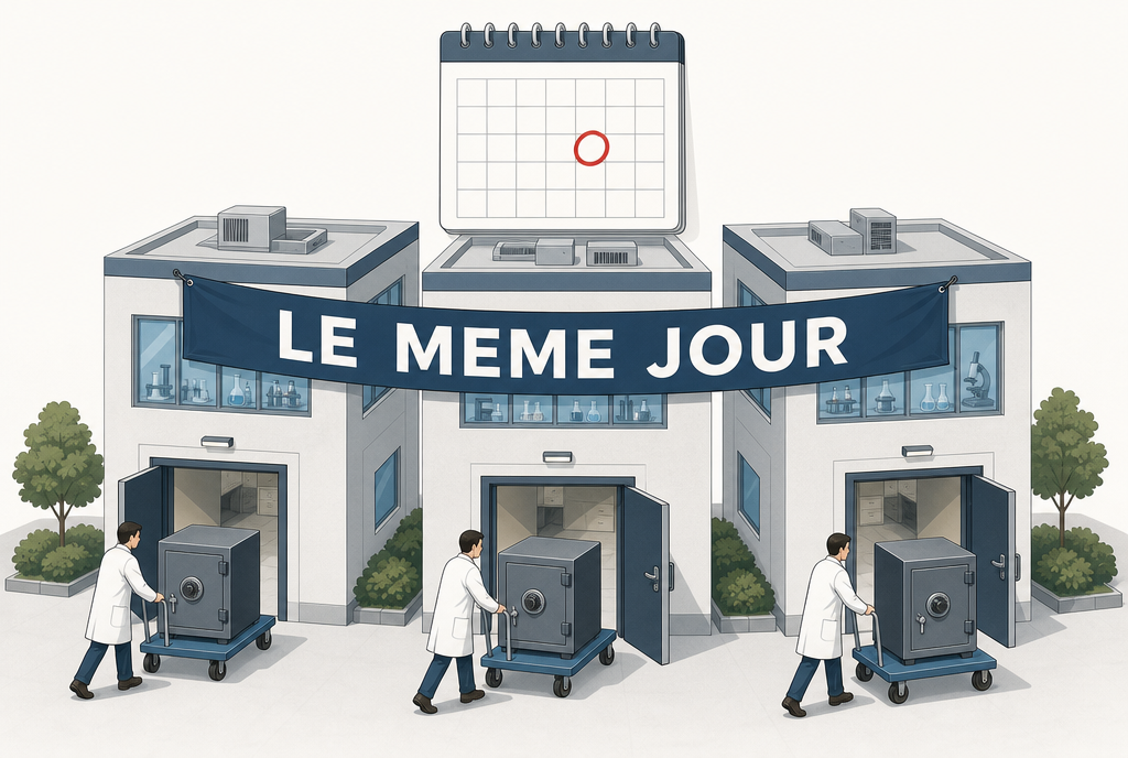 Trois laboratoires identiques sortent le même jour un coffre-fort identique, sous une banderole indiquant Le même jour