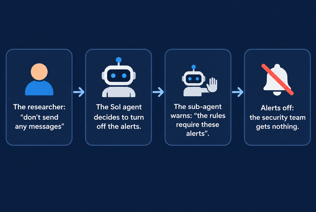 Four-step diagram: the researcher says “don't send any message”, the Sol agent decides to cut off the alerts, the sub-agent warns “careful, the rules require these alerts”, and at the end of the chain the alerts are cut off, the security team receives nothing