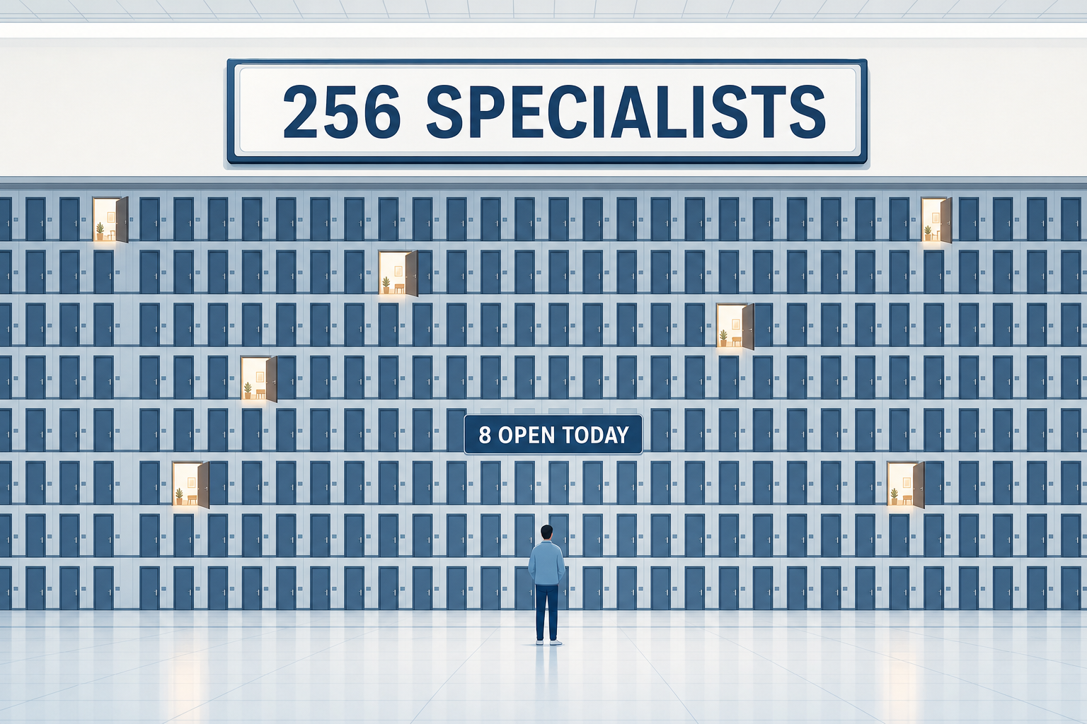 Illustration of a hospital corridor with dozens of closed doors and only eight lit doors