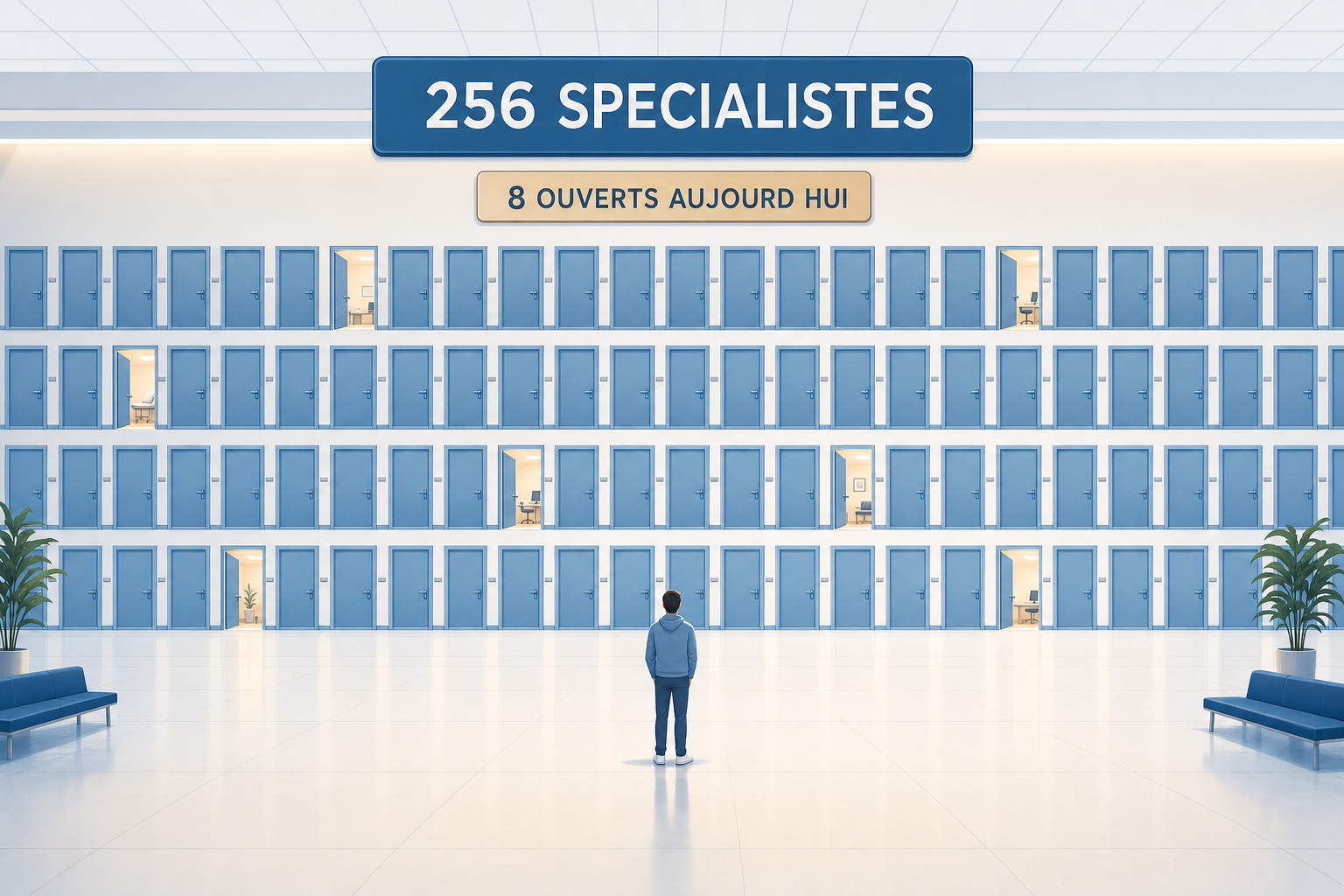Illustration d un couloir d hopital avec des dizaines de portes fermees et seulement huit portes eclairees