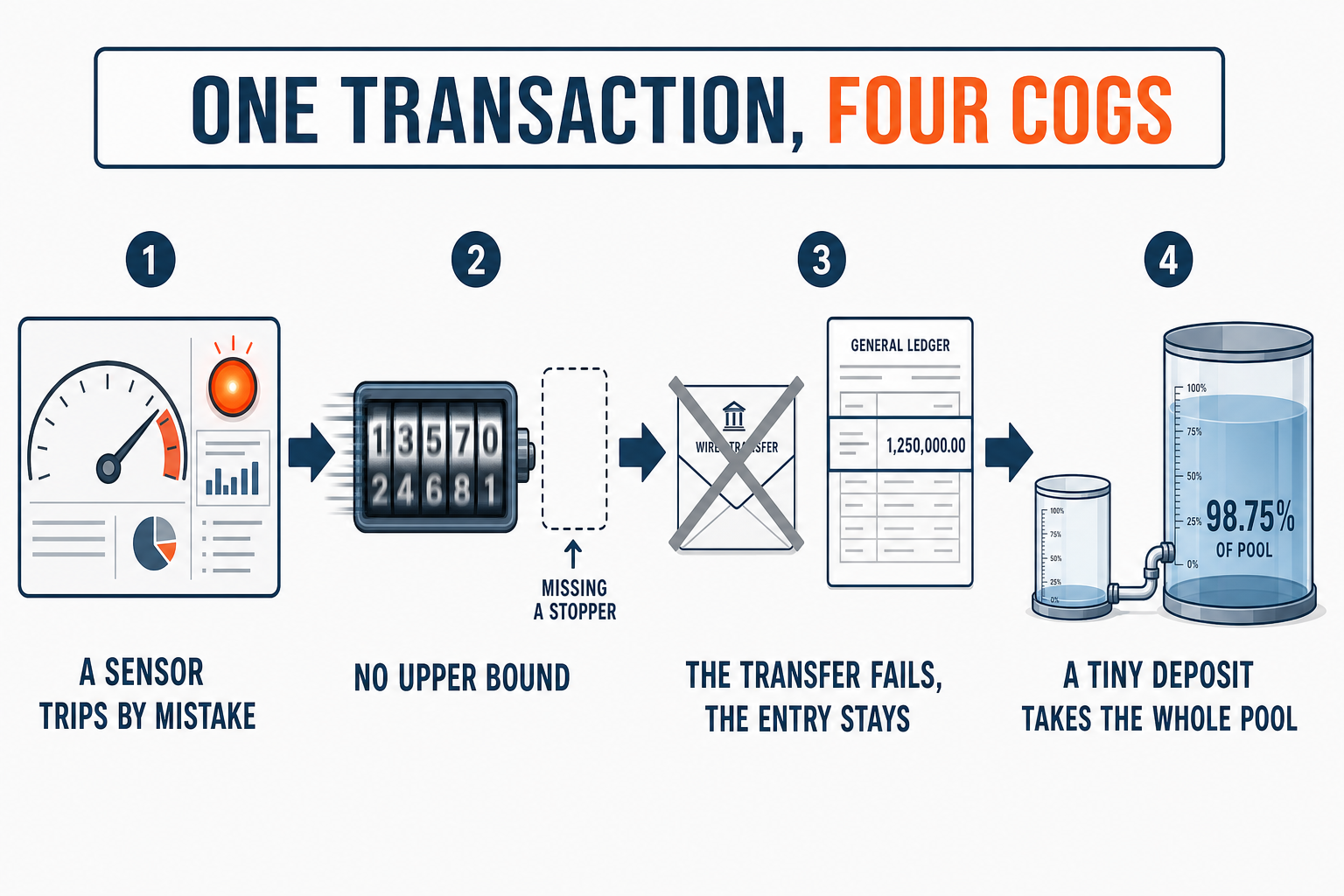 Four-step diagram, a sensor that triggers falsely, a calculation with no upper limit, a failed transfer whose entry remains, and a small deposit that takes over the whole pool