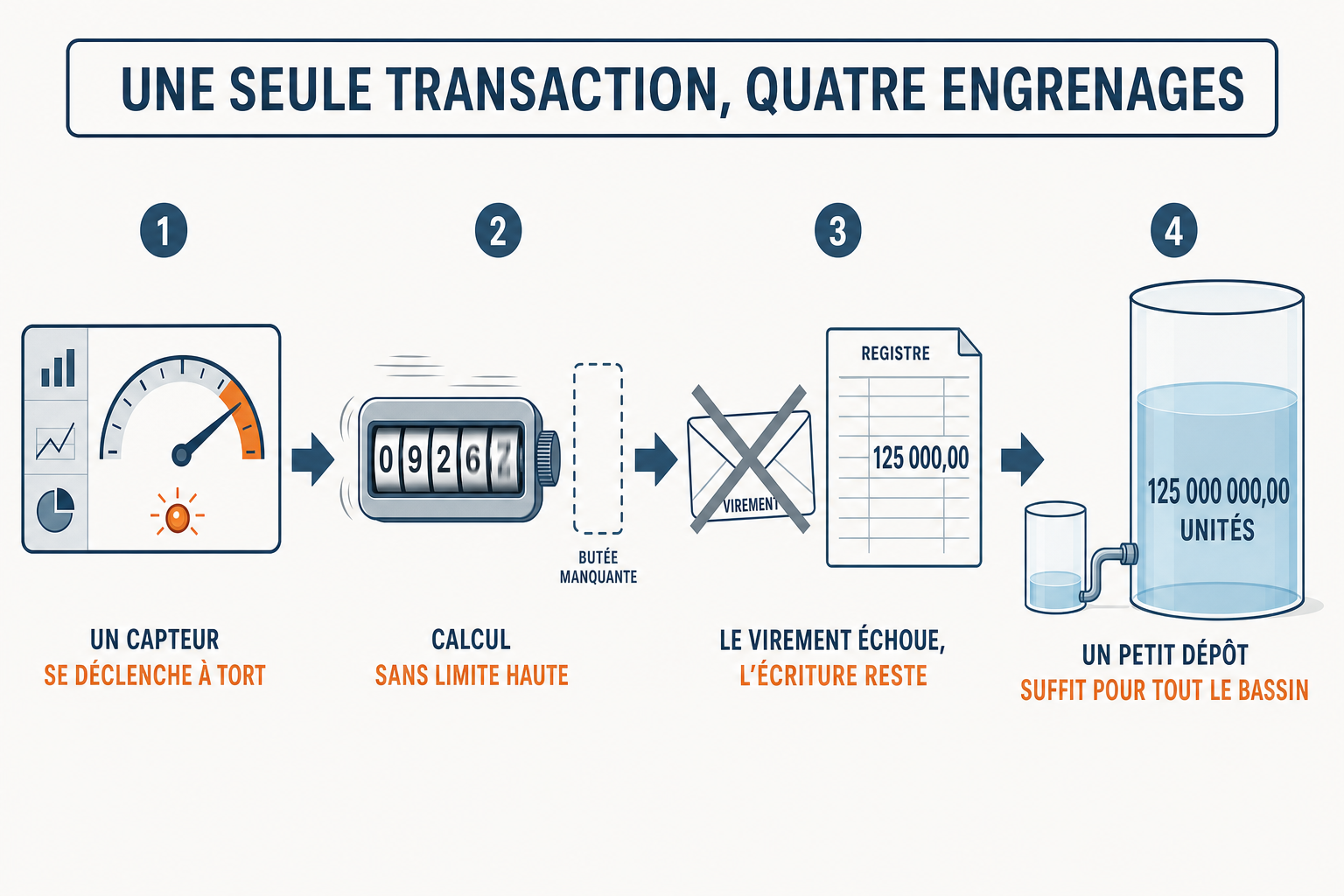 Schéma en quatre étapes, un capteur qui se déclenche à tort, un calcul sans limite haute, un virement échoué dont l'écriture reste, et un petit dépôt qui prend tout le bassin