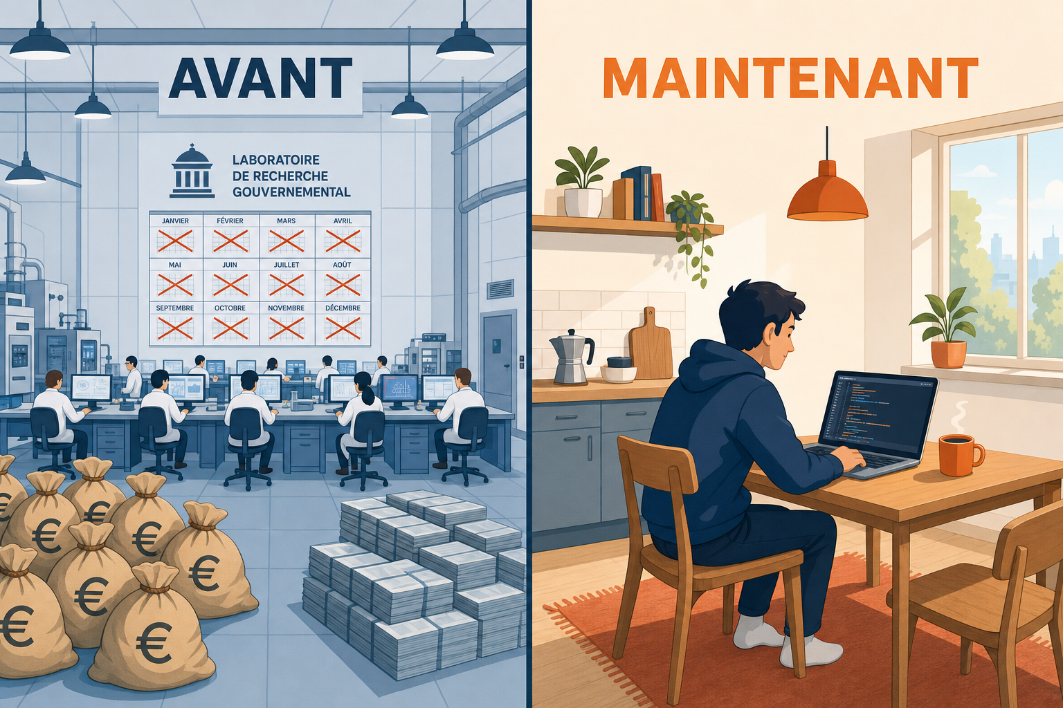 A gauche un laboratoire gouvernemental avec des dizaines de chercheurs et des sacs d argent, a droite une personne seule avec un portable sur une table de cuisine
