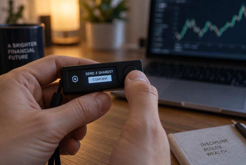 A thumb on the button of a crypto device whose screen asks for confirmation to send 3 actions