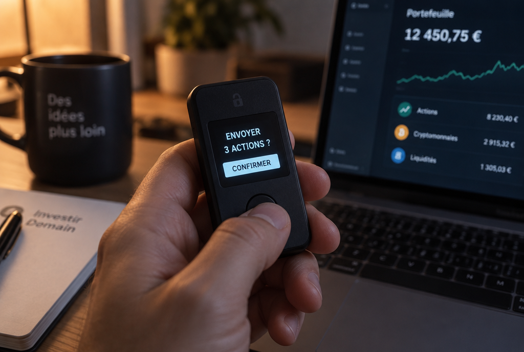 Un pouce sur le bouton d'un boîtier crypto dont l'écran demande de confirmer l'envoi de 3 actions