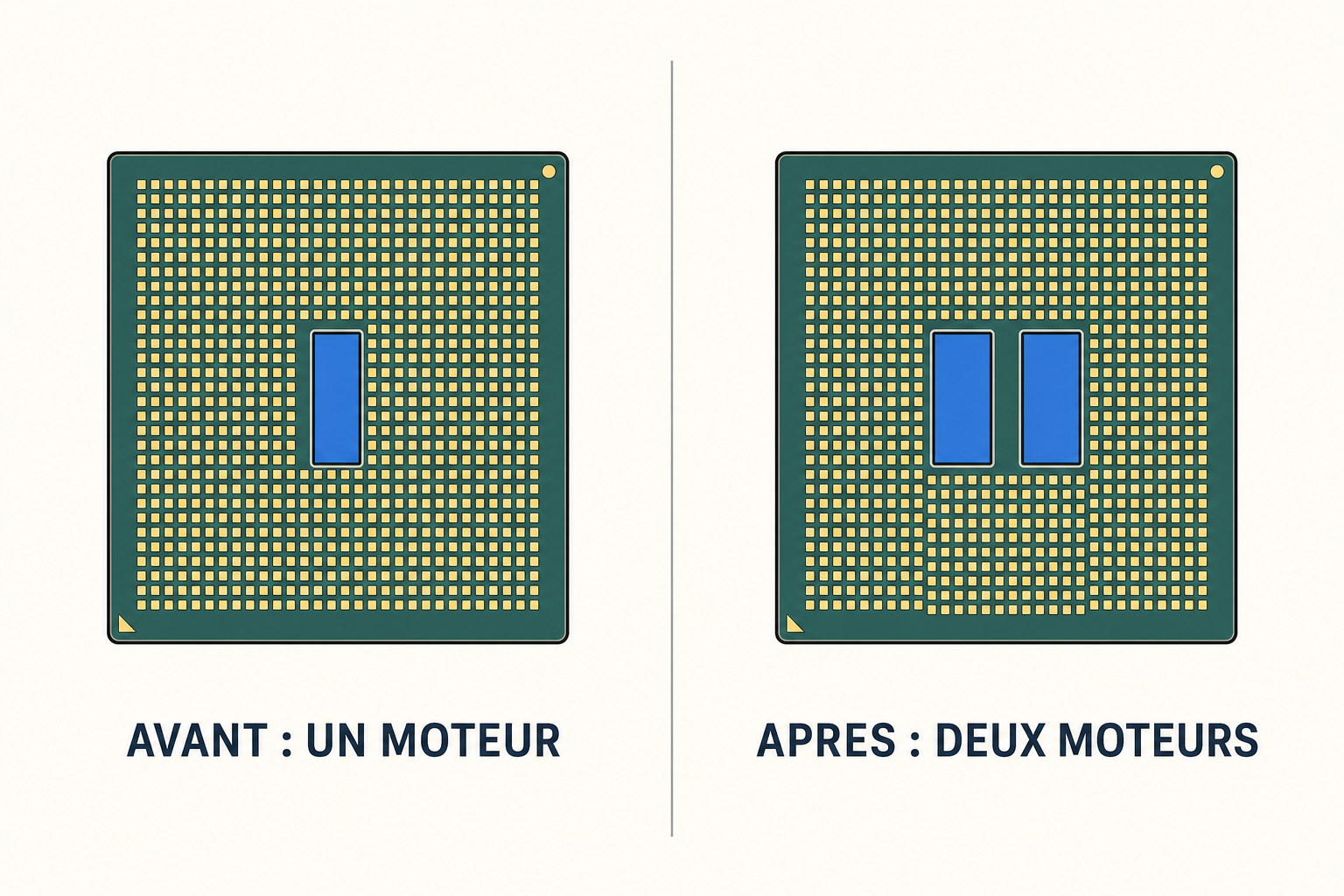 Une puce avec un seul moteur neuronal, puis une puce avec deux