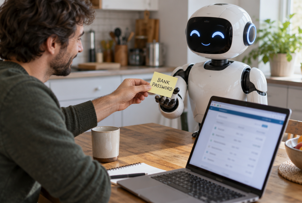 In a kitchen, a smiling man holds out a yellow sticky note marked «Bank password» to a small white robot sitting next to him, with a laptop open to the home page of an online bank