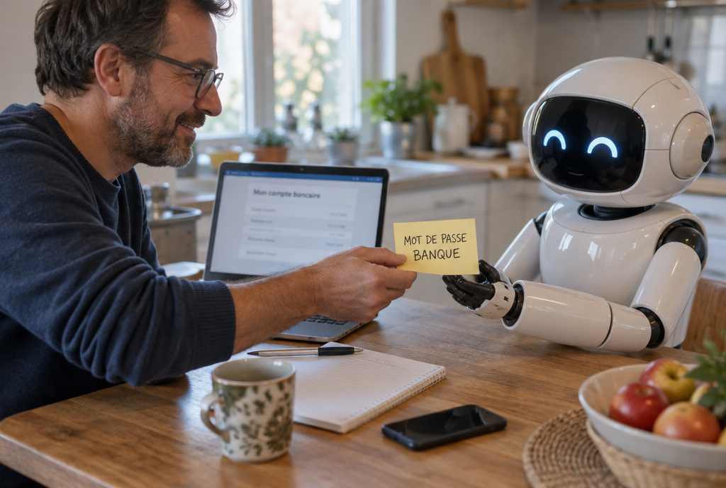 Dans une cuisine, un homme souriant tend un post-it jaune marqué « Mot de passe banque » à un petit robot blanc assis à côté de lui, un ordinateur portable ouvert sur la page d'accueil d'une banque en ligne