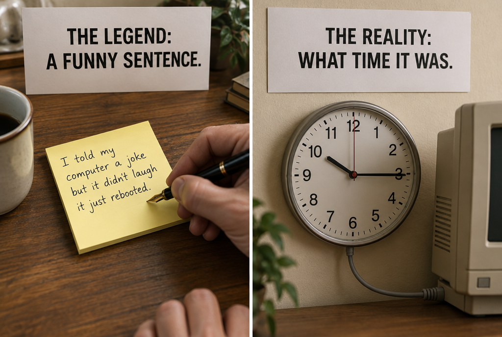 Two images side by side: on the left a hand writes a funny sentence on a yellow sticky note under a card reading “The legend: a funny sentence”, on the right a wall clock connected by a cable to an old computer under a card reading “The reality: what time it was”
