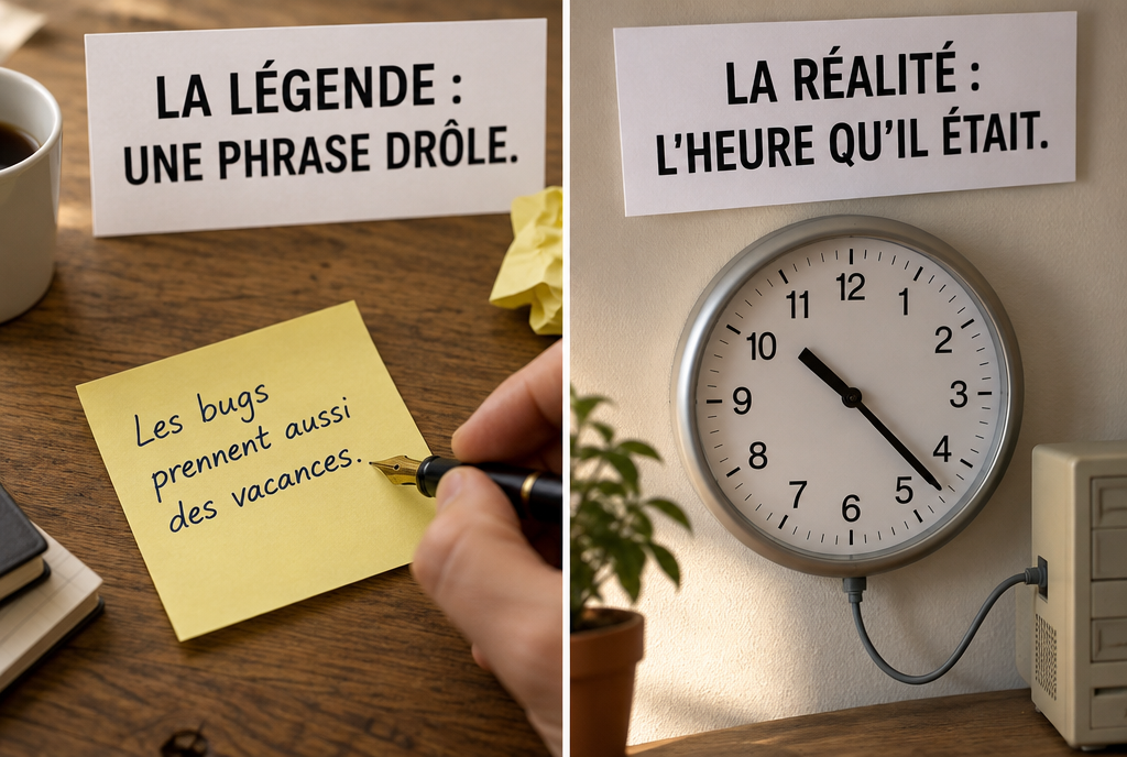 Deux images côte à côte : à gauche une main écrit une phrase amusante sur un post-it jaune sous un carton « La légende : une phrase drôle », à droite une horloge murale reliée par un câble à un vieil ordinateur sous un carton « La réalité : l'heure qu'il était »