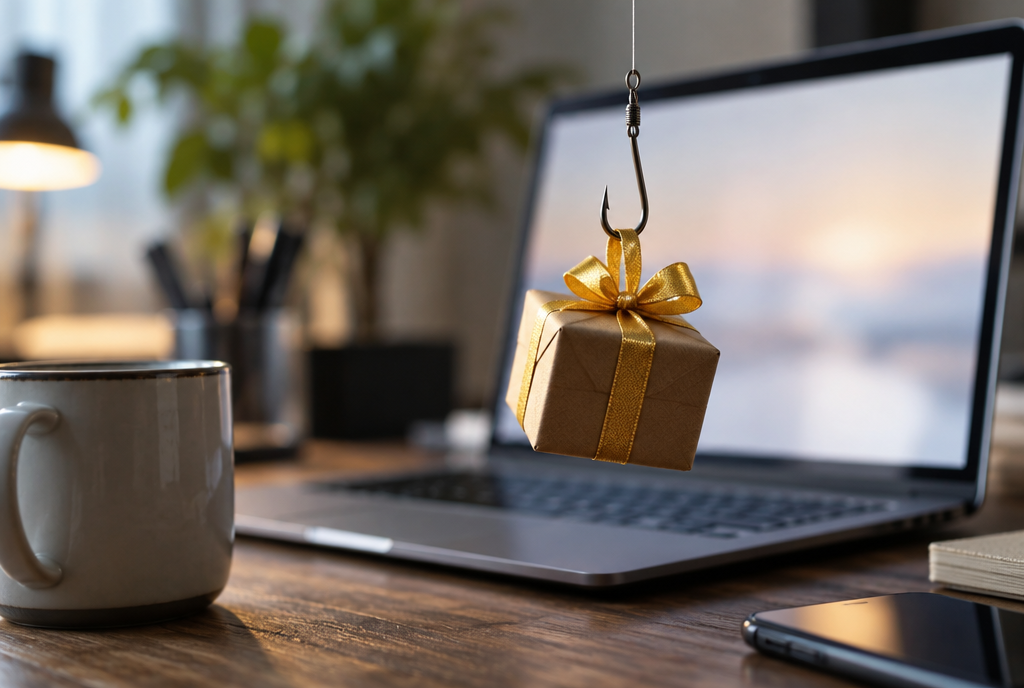 At the end of a fishing line, a hook carries a small gift package perfectly wrapped with a gold ribbon, hanging in front of the screen of a laptop sitting on a desk