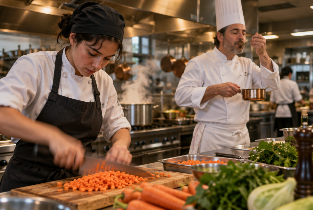 Dans la cuisine d'un restaurant, une jeune commis découpe des carottes en dés au premier plan pendant qu'au fond, le chef en toque goûte calmement une sauce, les yeux mi-clos