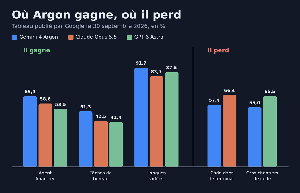 Graphique en barres, chiffres publiés par Google le 30 septembre 2026. Là où Gemini 4 Argon gagne : agent financier, Argon 65,4 pour cent, Claude Opus 5.5 58,6, GPT-6 Astra 53,5 ; automatiser des tâches de bureau, Argon 51,3, Claude Opus 5.5 42,5, GPT-6 Astra 41,4 ; comprendre de longues vidéos, Argon 91,7, GPT-6 Astra 87,5, Claude Opus 5.5 83,7. Là où il perd : travailler dans le terminal, Claude Opus 5.5 66,4, Argon 57,4 ; gros chantiers de code, GPT-6 Astra 65,5, Argon 55,0
